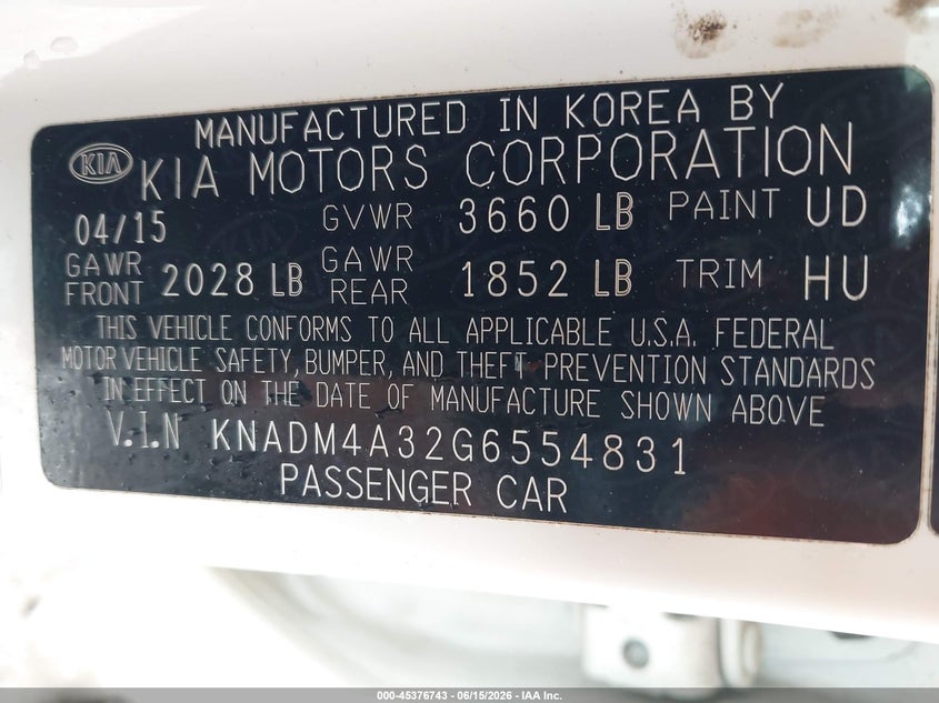 2016 Kia Rio VIN KNADM4A32G6554831 IAAI salvage auction — HAIL, Original (Texas), sold $1,725 on 2026-07-13 (photo 9)