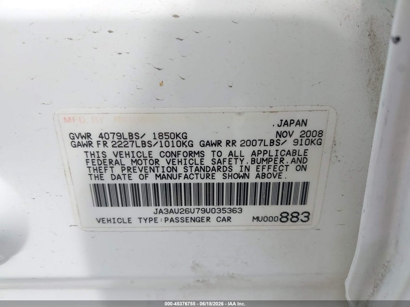 2009 Mitsubishi Lancer VIN JA3AU26U79U035363 IAAI salvage auction — SIDE, Salvage - Greater Than 75% (Maryland), sold $250 on 2026-07-11 (photo 9)