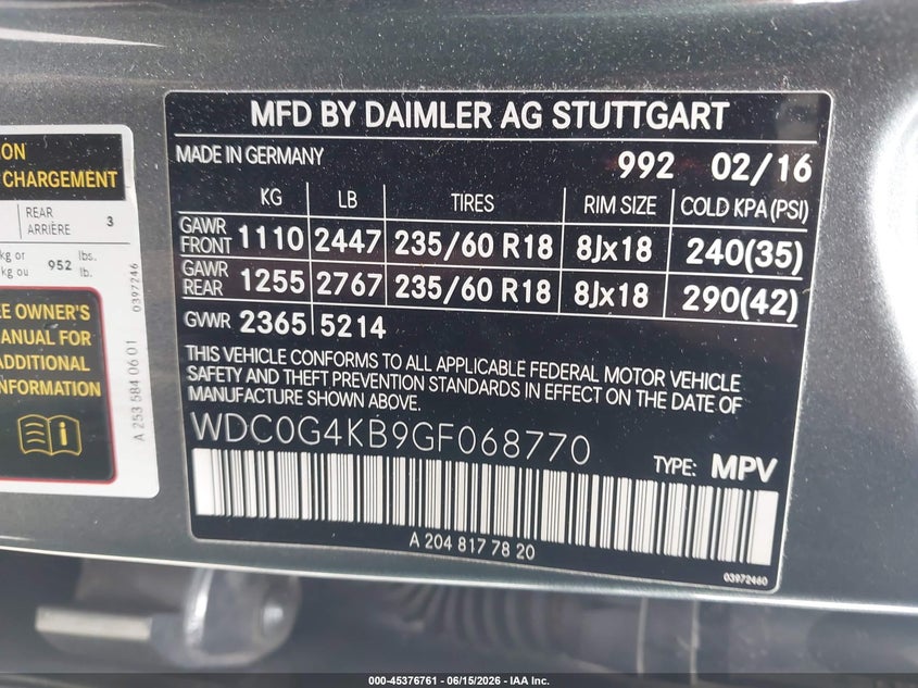 2016 Mercedes-benz Glc VIN WDC0G4KB9GF068770 IAAI salvage auction — LEFT SIDE, Original (Texas), sold $25 on 2026-07-28 (photo 9)