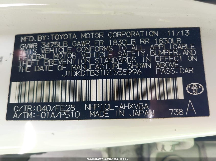 2013 Toyota Prius c VIN JTDKDTB31D1555996 IAAI salvage auction — FRONT & REAR, Salvage (California), sold $925 on 2026-07-08 (photo 9)