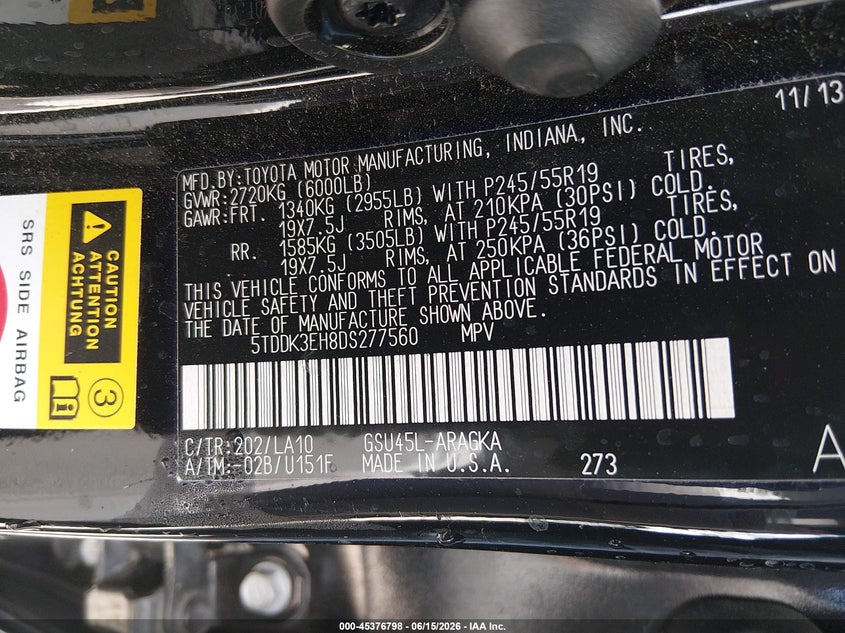 2013 Toyota Highlander VIN 5TDDK3EH8DS277560 IAAI salvage auction — ROLLOVER, Bill Of Sale Destruction Only - Salvage (Ohio), sold $1,150 on 2026-07-21 (photo 9)
