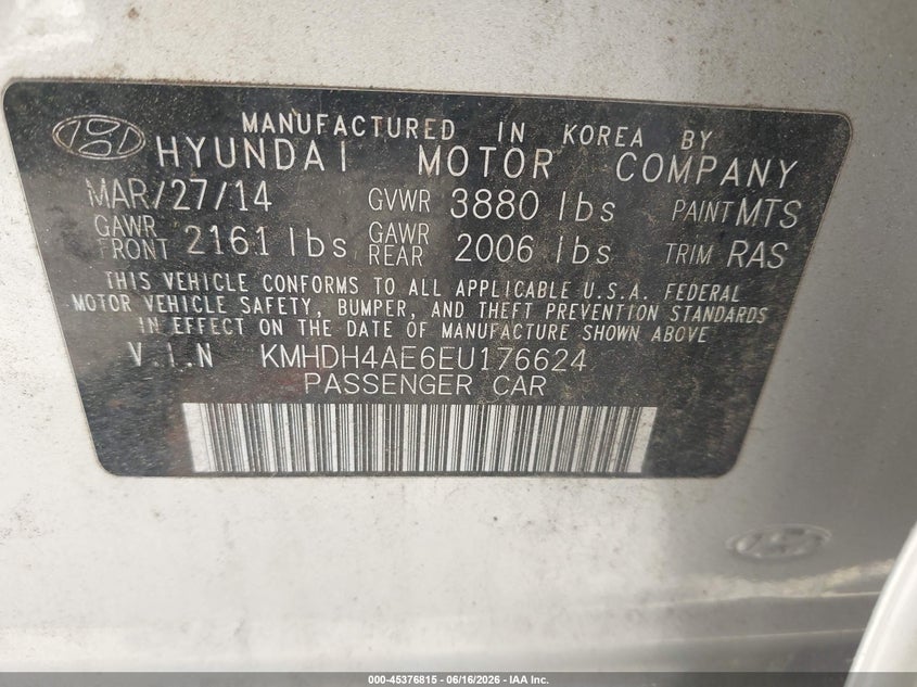 2014 Hyundai Elantra VIN KMHDH4AE6EU176624 IAAI salvage auction — LEFT FRONT, Salvage (Ohio), sold $325 on 2026-07-21 (photo 9)