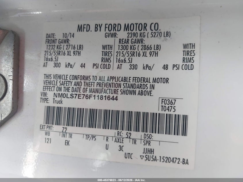 2015 Ford Transit VIN NM0LS7E76F1181644 IAAI salvage auction — FRONT END, Salvage (California), sold $3,400 on 2026-07-09 (photo 9)