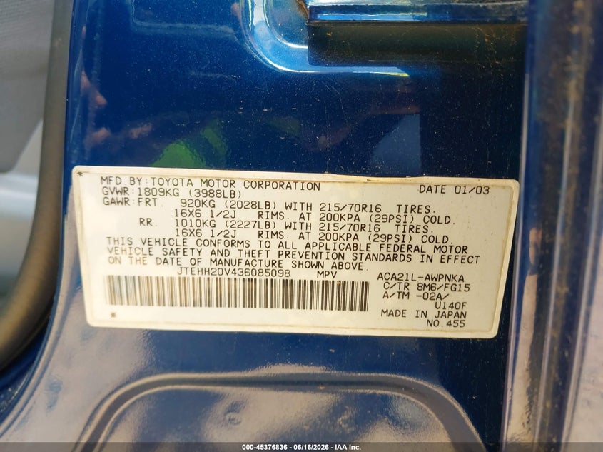2003 Toyota Rav4 VIN JTEHH20V436085098 IAAI salvage auction — RIGHT FRONT, Salvage (North Carolina), sold $725 on 2026-07-09 (photo 9)