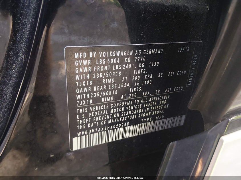 2017 Volkswagen Tiguan VIN WVGUV7AX9HK020248 IAAI salvage auction — FRONT END, Salvage Title, sold $3,350 on 2026-07-25 (photo 9)