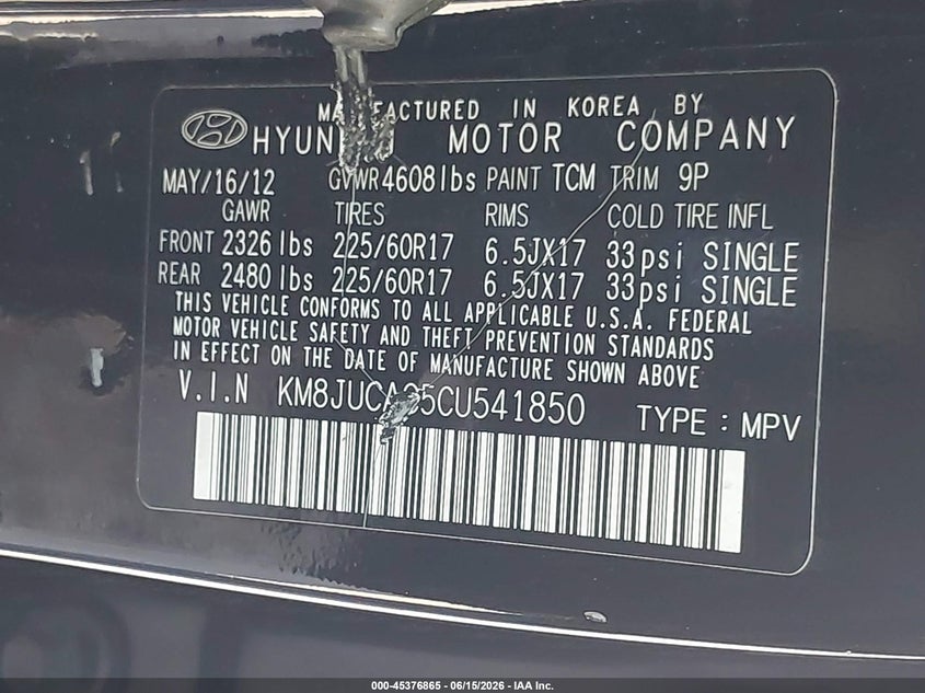 2012 Hyundai Tucson VIN KM8JUCAC5CU541850 IAAI salvage auction — NORMAL WEAR, Clear (New Jersey), sold $1,350 on 2026-07-13 (photo 9)