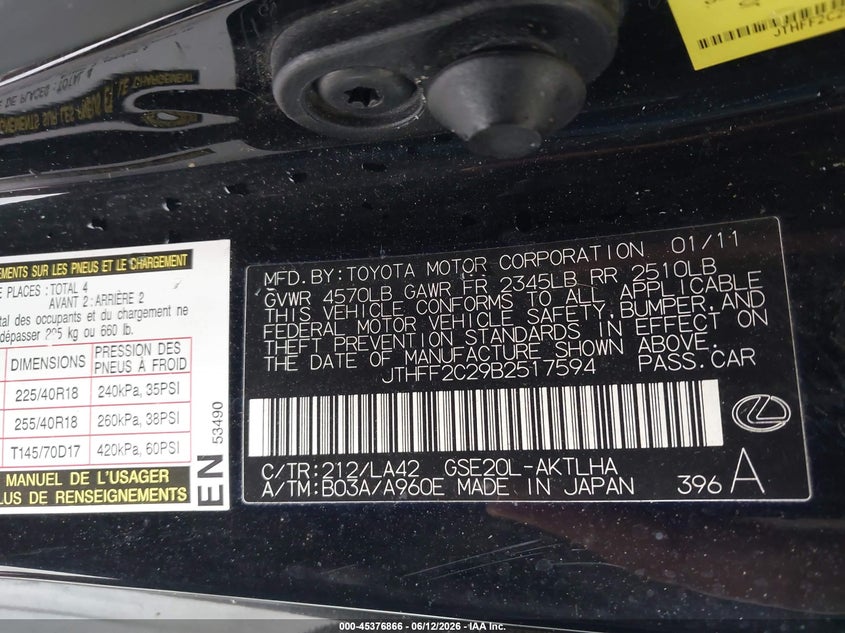 2011 Lexus Is 250c VIN JTHFF2C29B2517594 IAAI salvage auction — FRONT END, Clear (Florida), sold $450 on 2026-07-22 (photo 9)