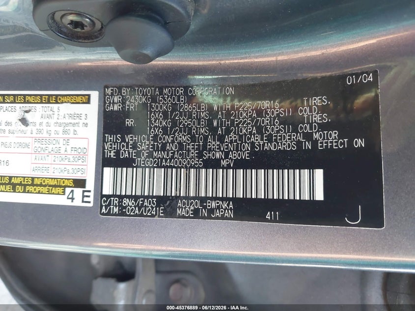 2004 Toyota Highlander VIN JTEGD21A440090955 IAAI salvage auction — NORMAL WEAR, Clear (Georgia), sold $650 on 2026-07-15 (photo 9)