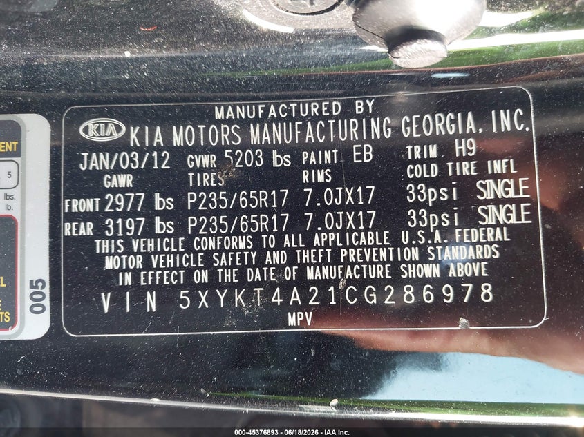 2012 Kia Sorento VIN 5XYKT4A21CG286978 IAAI salvage auction — ROLLOVER, Non-Repairable (Texas), sold $275 on 2026-07-23 (photo 9)