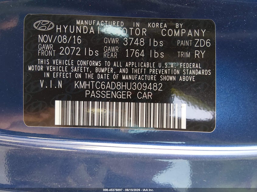 2017 Hyundai Veloster VIN KMHTC6AD8HU309482 IAAI salvage auction — FRONT END, Salvage (Idaho), sold $600 on 2026-07-06 (photo 9)