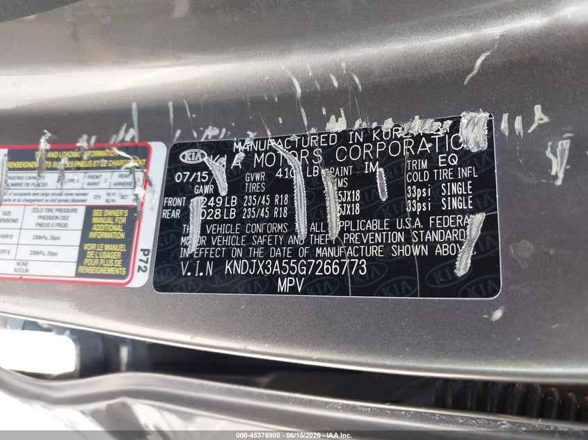 2016 Kia Soul VIN KNDJX3A55G7266773 IAAI salvage auction — SIDE, Rebuildable (Florida), sold $2,100 on 2026-07-29 (photo 9)
