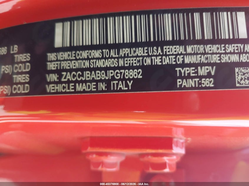 2018 Jeep Renegade VIN ZACCJBAB9JPG78862 IAAI salvage auction — UNKNOWN, Clear (Pennsylvania), sold $1,550 on 2026-07-15 (photo 9)