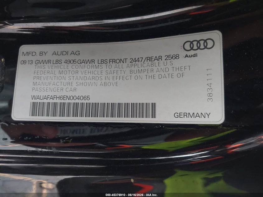 2014 Audi A5 VIN WAUAFAFH6EN004065 IAAI salvage auction — FRONT END, Salvage (Georgia), sold $1,300 on 2026-08-01 (photo 9)