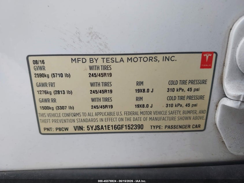 2016 Tesla Model s VIN 5YJSA1E16GF152390 IAAI salvage auction — NORMAL WEAR, Clear (Texas), sold $7,000 on 2026-07-09 (photo 9)