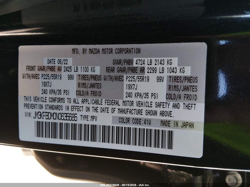 2022 Mazda Cx-5 VIN JM3KFBDM0N0635685 IAAI salvage auction — FRONT END, Salvage (Ohio), sold $6,900 on 2026-07-28 (photo 9)