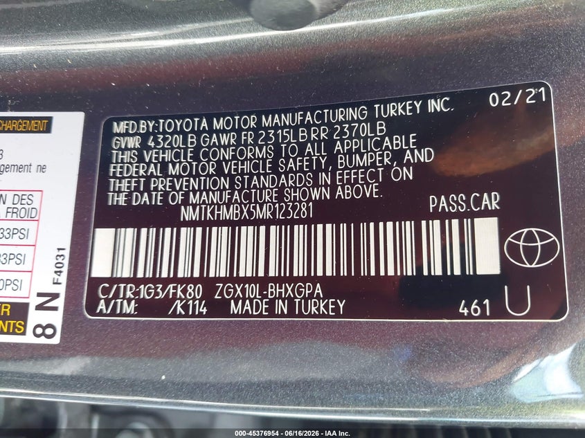 2021 Toyota C-hr VIN NMTKHMBX5MR123281 IAAI salvage auction — REAR END, Salvage Title, sold $5,600 on 2026-07-30 (photo 9)