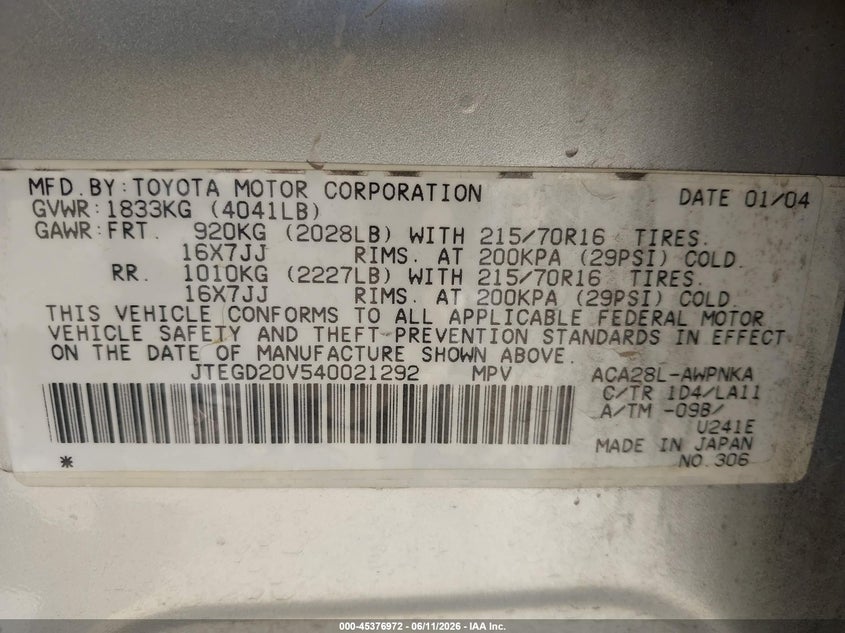 2004 Toyota Rav 4 VIN JTEGD20V540021292 IAAI salvage auction — NORMAL WEAR, Clear - Dealer Only (California), sold $1,050 on 2026-07-08 (photo 9)