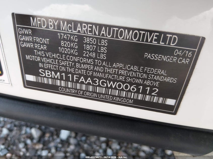 2016 Mclaren 650s VIN SBM11FAA3GW006112 IAAI salvage auction — FRONT END, Clear (Indiana), sold $75,250 on 2026-08-05 (photo 9)