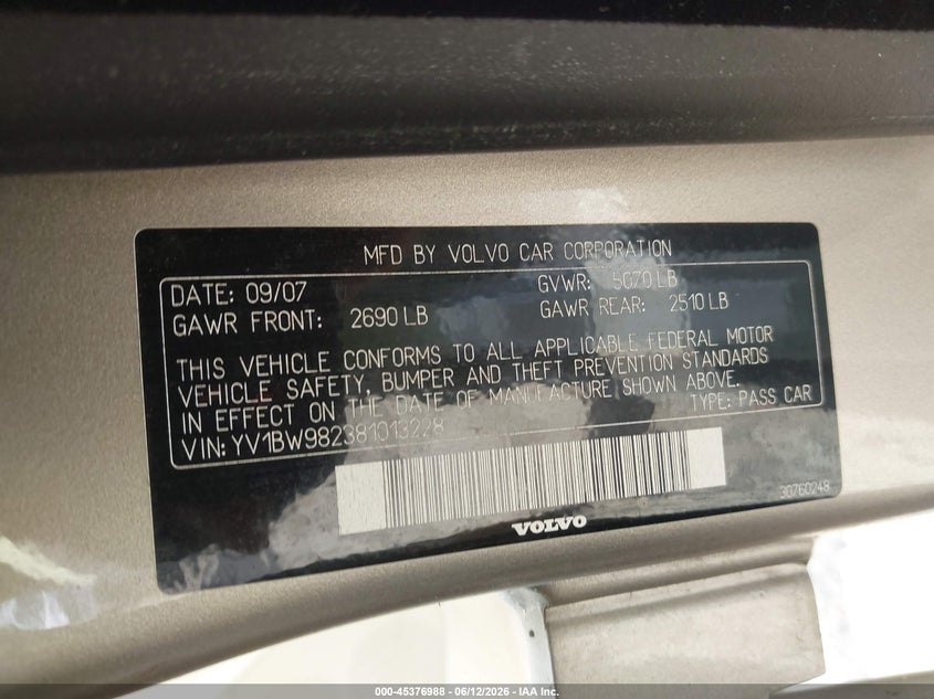 2008 Volvo V70 VIN YV1BW982381013228 IAAI salvage auction — NORMAL WEAR, Original (Texas), sold $350 on 2026-07-09 (photo 9)