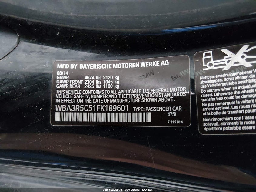2015 BMW 4er VIN WBA3R5C51FK189601 IAAI salvage auction — FRONT END, Salvage Title, sold $1,700 on 2026-08-20 (photo 7)