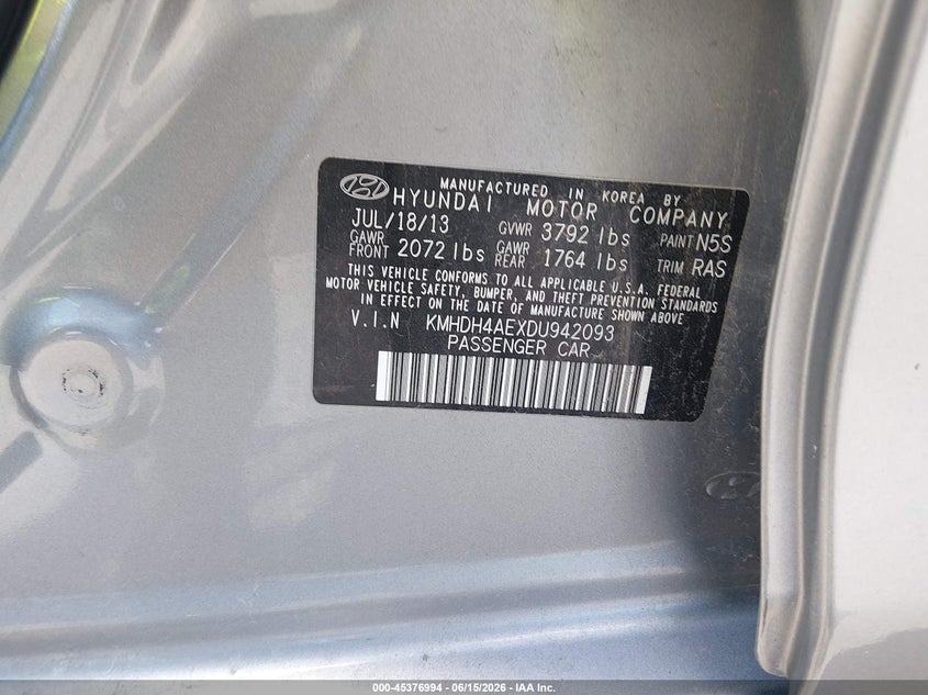 2013 Hyundai Elantra VIN KMHDH4AEXDU942093 IAAI salvage auction — REAR END, Salvage (Illinois), sold $650 on 2026-07-14 (photo 9)