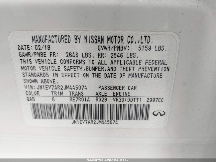 2018 Infiniti Q50 VIN JN1EV7AR2JM445074 IAAI salvage auction — FRONT END, Salvage Title, sold $1,425 on 2026-07-16 (photo 9)