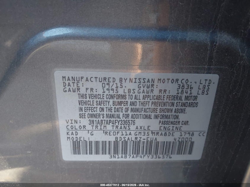2015 Nissan Sentra VIN 3N1AB7AP4FY336576 IAAI salvage auction — FRONT & REAR, Salvage (Utah), sold $750 on 2026-07-09 (photo 9)