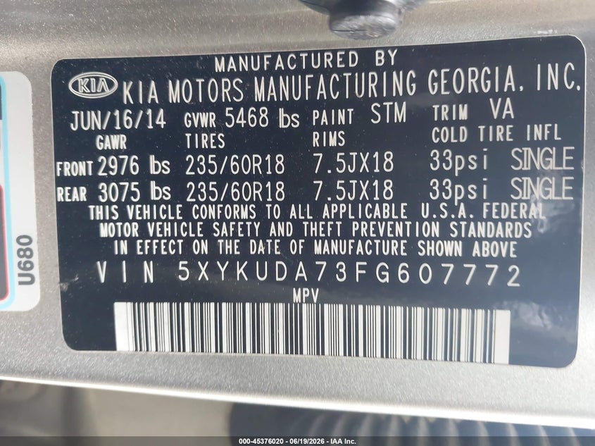 2015 Kia Sorento VIN 5XYKUDA73FG607772 IAAI salvage auction — FRONT END, Salvage - Greater Than 75% (Maryland), sold $875 on 2026-07-10 (photo 9)