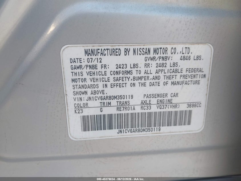 2013 Infiniti G VIN JN1CV6AR8DM350119 IAAI salvage auction — NORMAL WEAR, Clear (North Carolina), sold $1,200 on 2026-07-16 (photo 9)