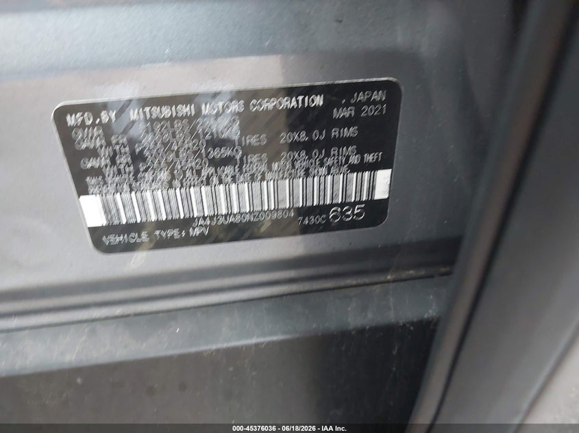 2022 Mitsubishi Outlander VIN JA4J3UA80NZ009804 IAAI salvage auction — RIGHT FRONT, Salvage Title, sold $3,600 on 2026-07-21 (photo 9)