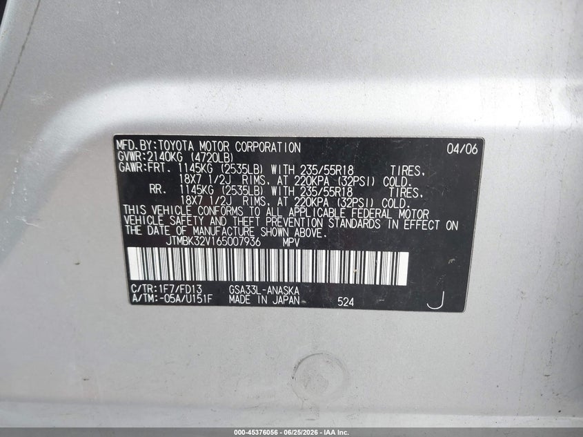 2006 Toyota Rav4 VIN JTMBK32V165007936 IAAI salvage auction — FRONT & REAR, Mv-907A (New York), sold $475 on 2026-07-07 (photo 9)