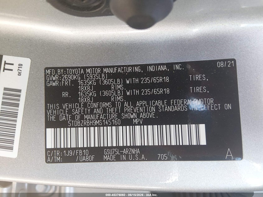 2021 Toyota Highlander VIN 5TDBZRBH9MS145160 IAAI salvage auction — LEFT FRONT, Salvage (Rhode Island), sold $11,900 on 2026-08-01 (photo 9)