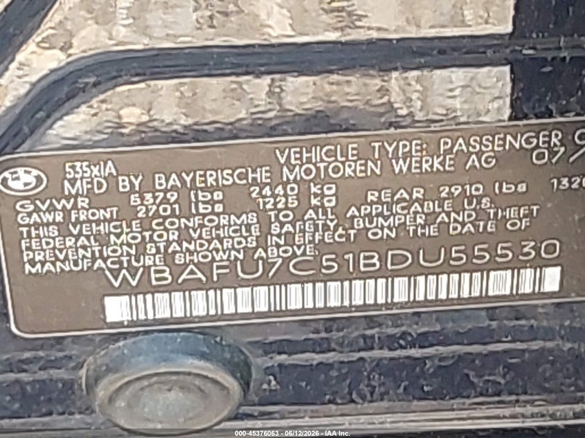 2011 BMW 5 series VIN WBAFU7C51BDU55530 IAAI salvage auction — FRONT END, Mv-907A (New York), sold $2,325 on 2026-07-14 (photo 9)