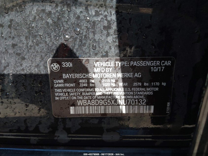 2018 BMW 3er VIN WBA8D9G5XJNU70132 IAAI salvage auction — SUSPENSION, Salvage - Greater Than 75% (Maryland), sold $3,500 on 2026-07-22 (photo 9)