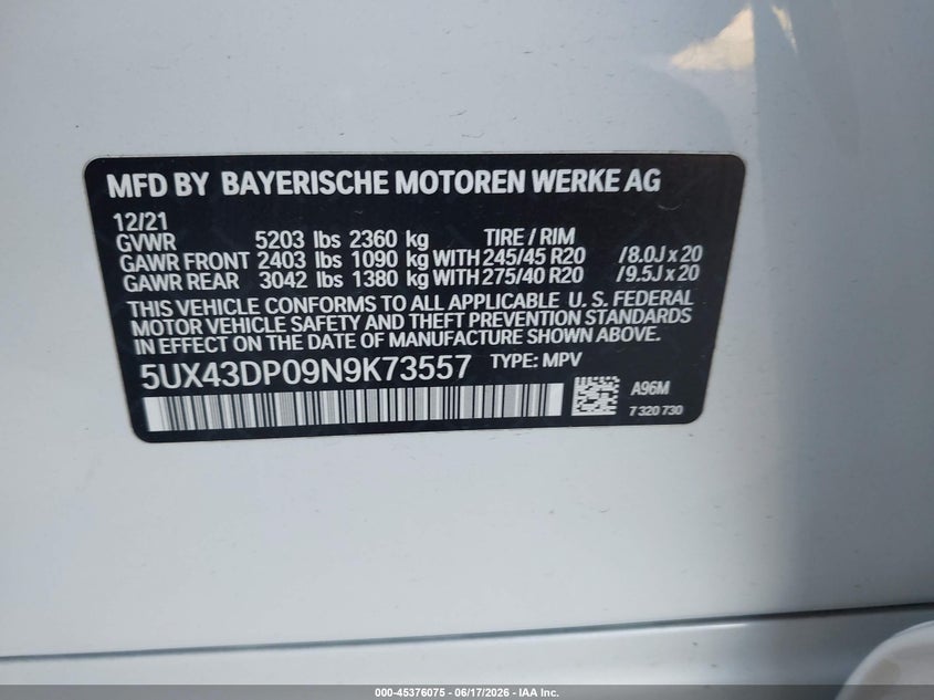 2022 BMW X3 VIN 5UX43DP09N9K73557 IAAI salvage auction — FRONT END, Original (Texas), sold $9,700 on 2026-07-21 (photo 9)