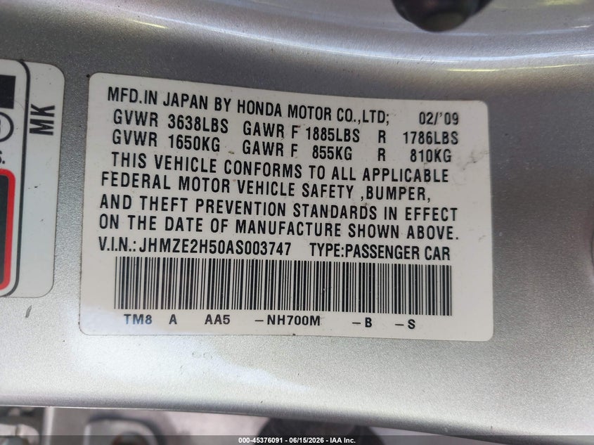 2010 Honda Insight VIN JHMZE2H50AS003747 IAAI salvage auction — REAR END, Salvage - Greater Than 75% (Maryland), sold $250 on 2026-07-14 (photo 9)