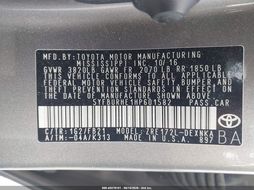 2017 Toyota Corolla VIN 5YFBURHE1HP601582 IAAI salvage auction — LEFT FRONT, Rebuildable (Florida), sold $3,150 on 2026-07-09 (photo 9)
