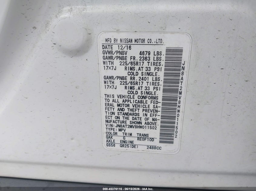 2017 Nissan Rogue VIN JN8AT2MV8HW011502 IAAI salvage auction — LEFT FRONT, Salvage (North Carolina), sold $1,225 on 2026-07-28 (photo 9)
