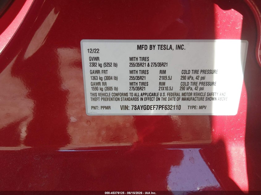 2023 Tesla Model y VIN 7SAYGDEF7PF632110 IAAI salvage auction — FRONT END, Salvage (Nevada), sold $8,850 on 2026-07-30 (photo 9)