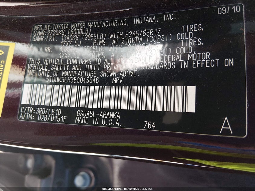 2011 Toyota Highlander VIN 5TDBK3EH3BS045646 IAAI salvage auction — FRONT END, Prior Salvage (Minnesota), sold $825 on 2026-08-02 (photo 9)