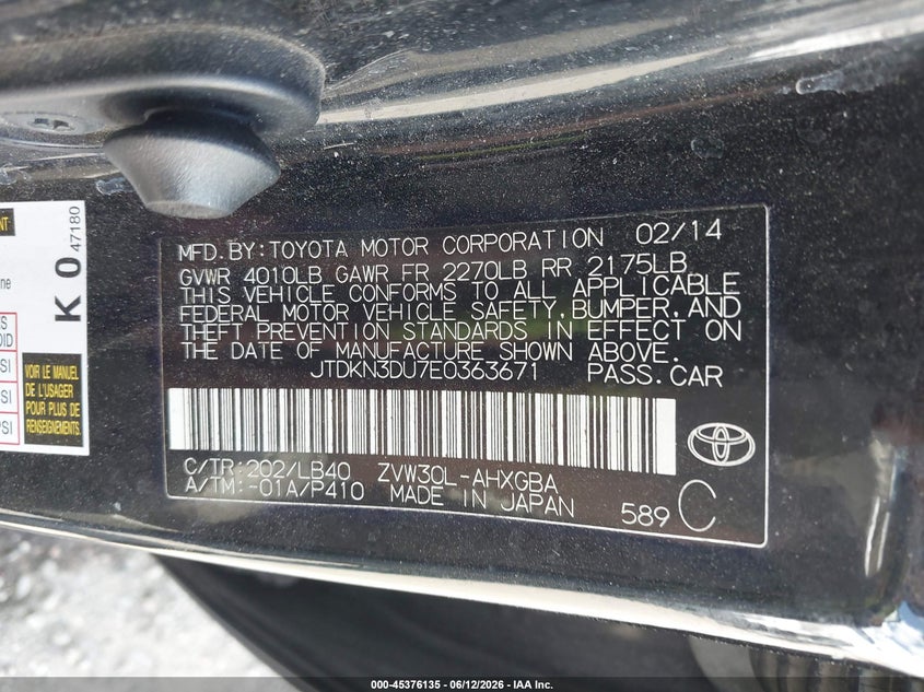 2014 Toyota Prius VIN JTDKN3DU7E0363671 IAAI salvage auction — RIGHT SIDE, Salvage (Louisiana), sold $1,050 on 2026-07-29 (photo 9)