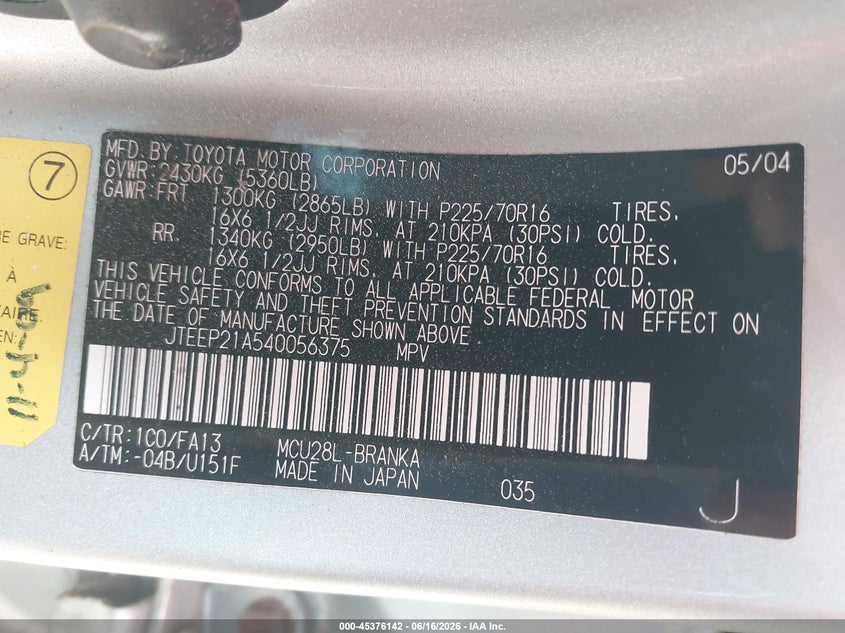 2004 Toyota Highlander VIN JTEEP21A540056375 IAAI salvage auction — FRONT END, Clear (Massachusetts), sold $775 on 2026-07-24 (photo 9)