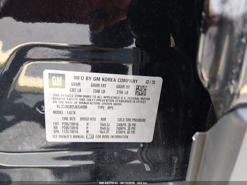 2020 Chevrolet Trax VIN KL7CJNSB2LB334090 IAAI salvage auction — FRONT END, Certificate Of Destruction (Florida), sold $1,200 on 2026-07-30 (photo 9)