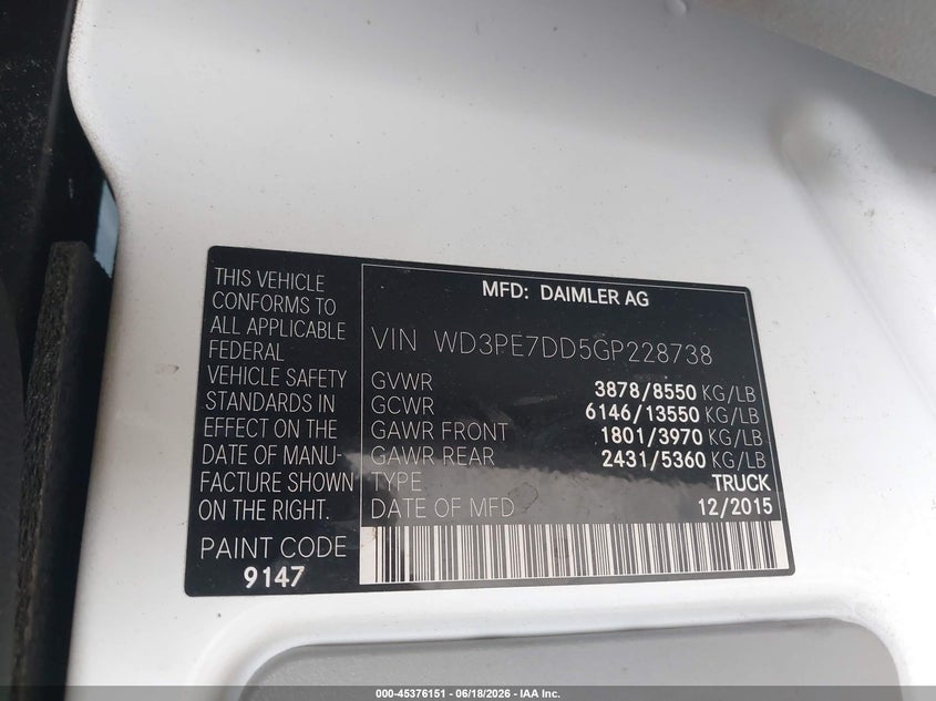 2016 Mercedes-benz Sprinter VIN WD3PE7DD5GP228738 IAAI salvage auction — FRONT END, Salvage (Massachusetts), sold $2,750 on 2026-07-14 (photo 9)