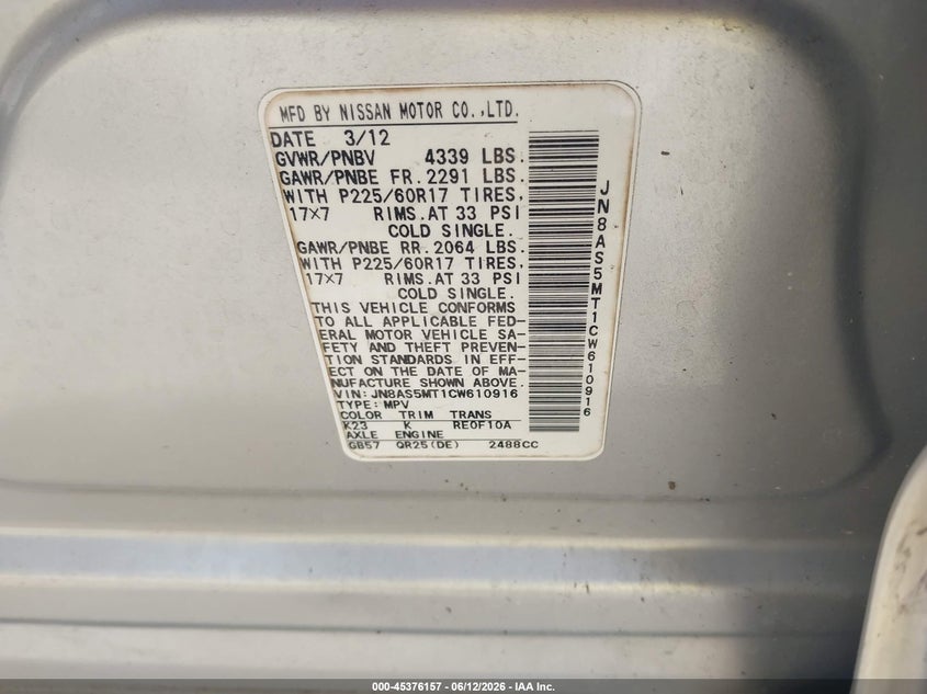 2012 Nissan Rogue VIN JN8AS5MT1CW610916 IAAI salvage auction — NORMAL WEAR, Clear (Florida), sold $400 on 2026-07-30 (photo 9)