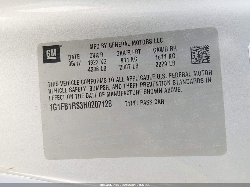 2017 Chevrolet Camaro VIN 1G1FB1RS3H0207128 IAAI salvage auction — REAR END, Salvage (Texas), sold $3,200 on 2026-07-20 (photo 9)