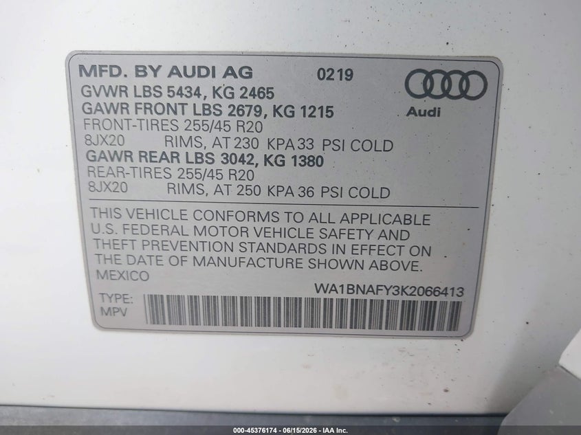 2019 Audi Q5 VIN WA1BNAFY3K2066413 IAAI salvage auction — LEFT FRONT, Mv-907A (New York), sold $4,550 on 2026-07-30 (photo 9)