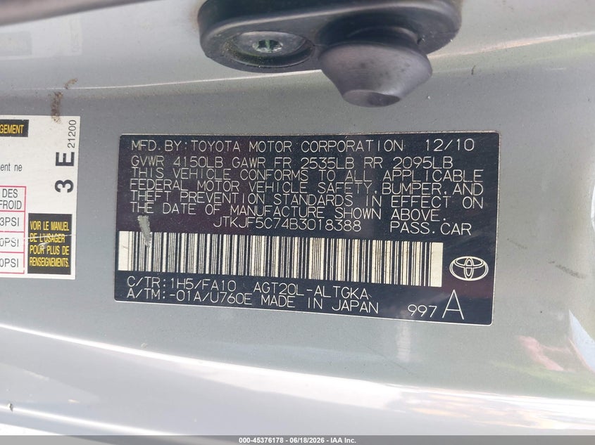 2011 Scion Tc VIN JTKJF5C74B3018388 IAAI salvage auction — NORMAL WEAR, Clear (Florida), sold $325 on 2026-07-08 (photo 9)