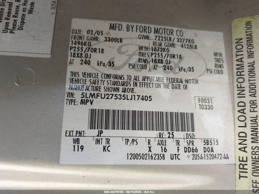 2005 Lincoln Navigator VIN 5LMFU27535LJ17405 IAAI salvage auction — FRONT END, Rebuildable (Florida), sold $475 on 2026-07-10 (photo 9)