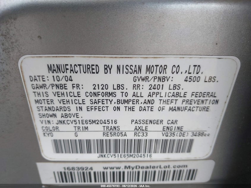 2005 Infiniti G VIN JNKCV51E65M204516 IAAI salvage auction — FRONT END, Salvage (Texas), sold $100 on 2026-07-20 (photo 9)